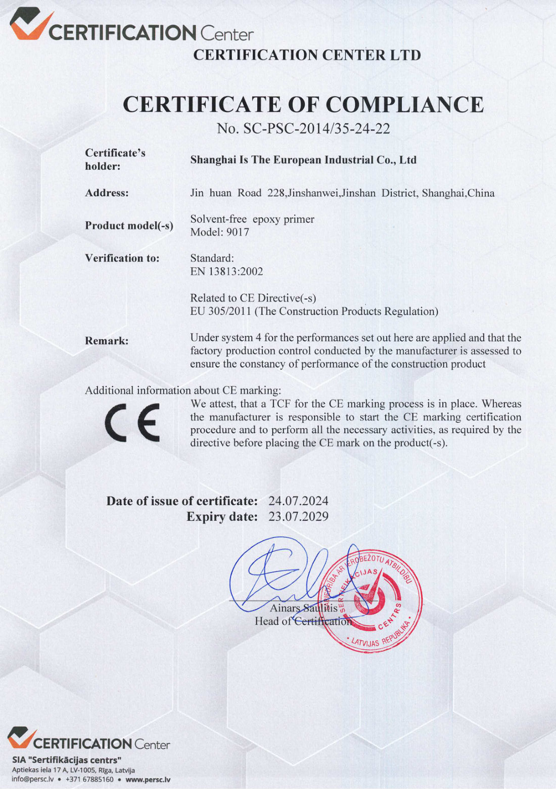 CE certificate SC-PSC-24-22